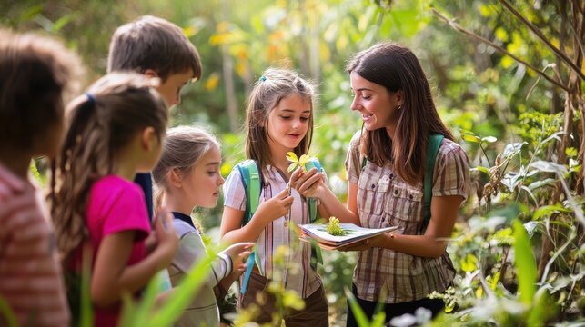 A picturesque scene of elementary school students on a field trip, exploring nature, a teacher explaining various plants and animals, children eagerly listening and taking notes, a bright sunny day,