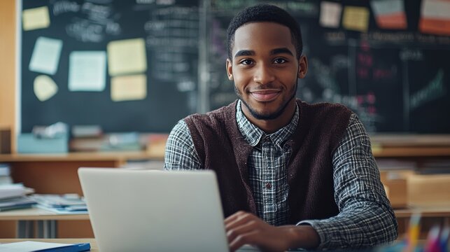 A young African American teacher sitting in a well-organized classroom, working diligently on a laptop, lesson plans and educational materials around, a chalkboard with handwritten notes, a sense of