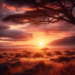 Obraz premium A sunset with a tree and mountains in the background.