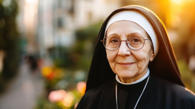 Serene nun in convent garden at sunset