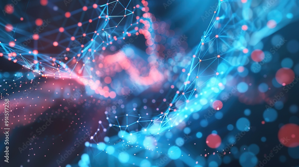 Poster abstract visualization of interconnected nodes and glowing particles in a dark background