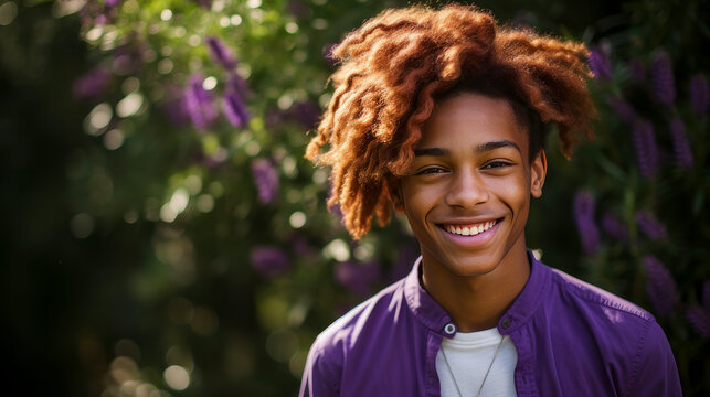 Cheerful smiling African American red-haired teenager guy with long red-haired hair and perfect skin, purple background.