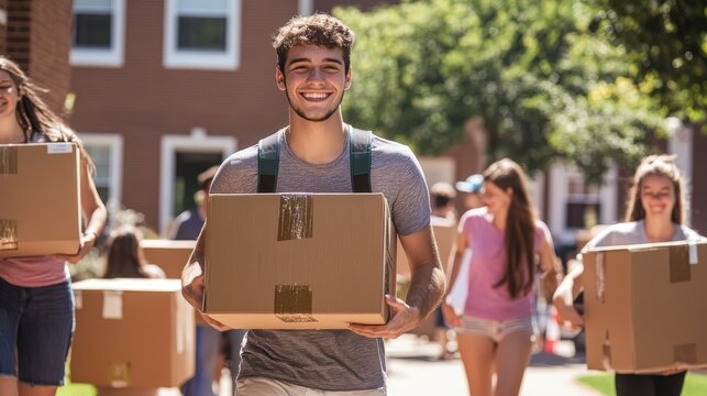 A bustling scene of students and parents moving boxes into dorm rooms on a sunny college campus, with smiles, hugs, and a sense of anticipation, capturing the emotional significance of this milestone