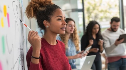 Obraz premium A diverse group of educators working together in a modern conference room, brainstorming ideas on a whiteboard, laptops open and notes scattered around, expressions of focus and collaboration on
