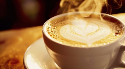Warm Cup of Coffee With Heart Design on Surface Steaming in Cozy Cafe During Morning Hours