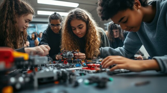 A team of students working on a robotics project together in a school lab, assembling and programming a robot, tools and parts spread out on the table, expressions of concentration and teamwork, and