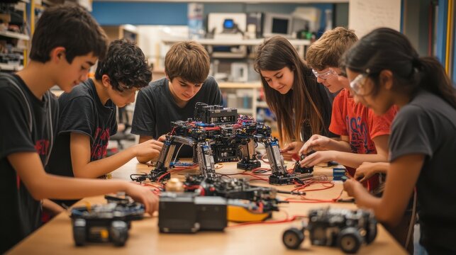 A team of students working on a robotics project together in a school lab, assembling and programming a robot, tools and parts spread out on the table, expressions of concentration and teamwork, and