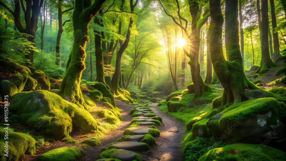 Poster sun-dappled forest path ai generated