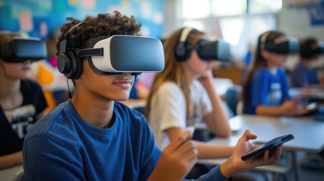 A classroom filled with high school students wearing VR headsets, completely immersed in a virtual learning experience, a teacher guiding them through the virtual environment using a tablet, desks