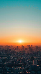 Fototapeta premium vertical long shot photo of urban cityscape, evening sun dusk through high rise city building landscape 