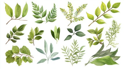 Watercolor botanical collection of green leaves