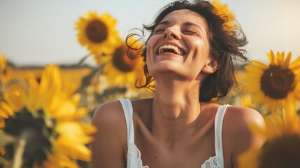 Young Woman Joyfully Laughing Surrounded by Vibrant Sunflowers During Golden Hour in a Field