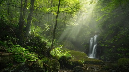 Enchanting Forest Waterfall Surrounded By Lush Greenery Under Morning Sunlight