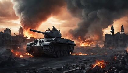 Battle ground war scene with Tank and a destroyed city, smoke, fires