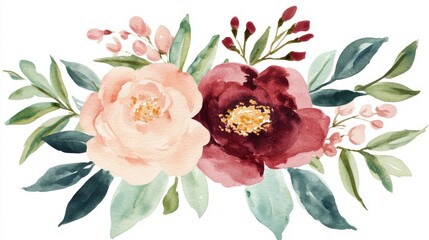 Watercolor floral composition with pink burgundy blooms