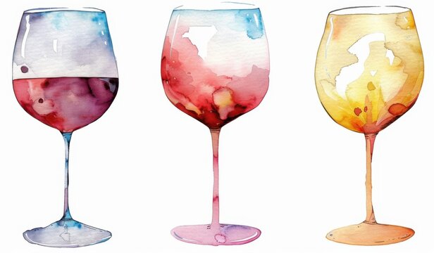 3 wine glasses, clip art style, white background, red pink and yellow watercolor Generative AI