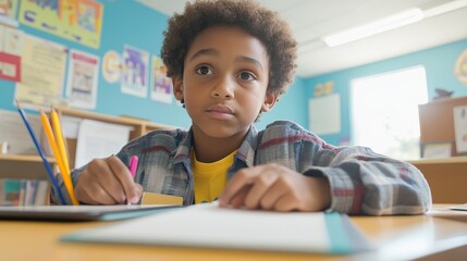 A close-up shot of a young student sitting at a desk in a bright, colorful classroom, working intently on a homework assignment, with a notebook open, pencils scattered around, and a tablet nearby