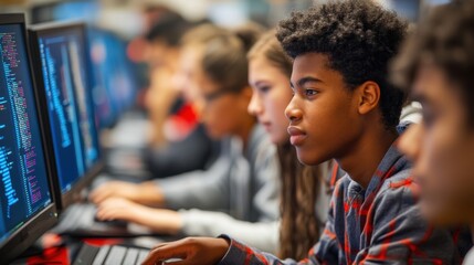 A vibrant and inspiring image of a group of high school students in a computer lab, working together on a coding project, with each student focused on their screens, discussing ideas, and