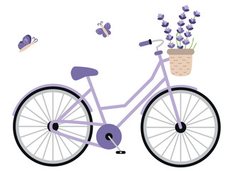 Cute purple bicycle with lavender, vector flat illustration, retro bicycle with summer flowers