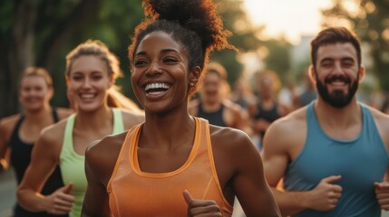 A diverse group of people running outdoors, smiling and laughing together in an active fitness class