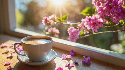 A warm cup of hot coffee sits on a table, with a vibrant landscape of colorful flowers visible through the window, creating a cozy and inviting atmosphere.