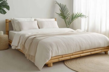 Cozy bedroom interior featuring a minimalist bamboo bed and soft textiles, promoting relaxation and comfort in natural light.