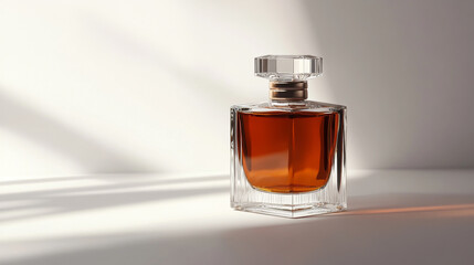 Stylish glass bottle of perfume placed on a white background