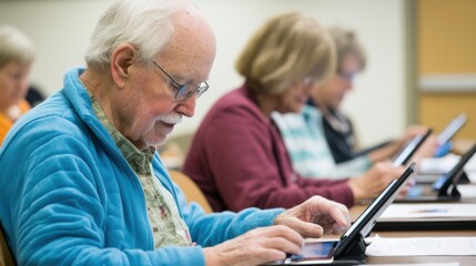 Fototapeta premium A serene and focused image of a small group of seniors in a technology class, each one attentively following along with their tablets as the instructor guides them through a step-by-step tutorial,