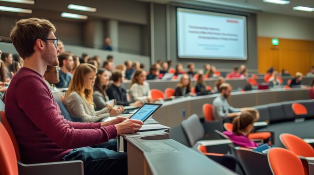 A dynamic and detailed image of a university classroom where students are actively engaged in a lecture, with the professor using a digital presentation to highlight key points, the students taking