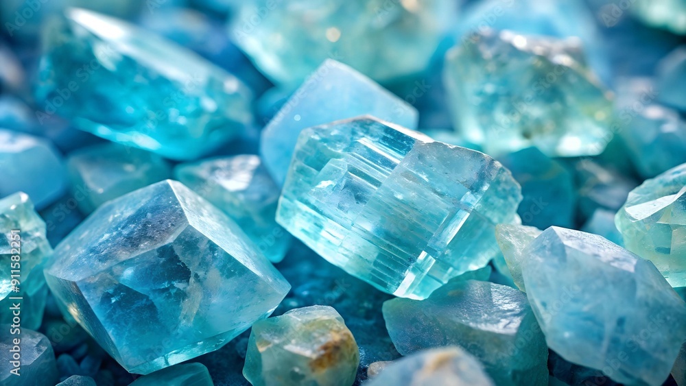 Poster a mesmerizing display of raw aquamarine gemstones, shimmering under a cascade of light, creating a s