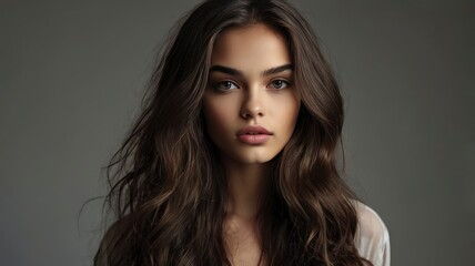 Fototapeta premium Young beautiful female fashion model with dark long wavy hair looking at camera