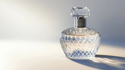 Stylish glass bottle of perfume placed on a white background