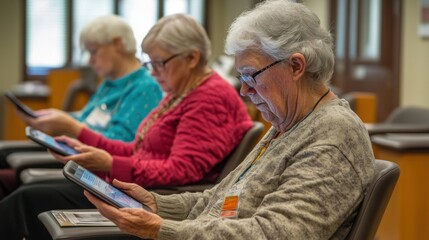 A serene and focused image of a small group of seniors in a technology class, each one attentively following along with their tablets as the instructor guides them through a step-by-step tutorial,