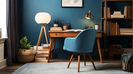 Cozy Study with Blue Desk, Matching Chair, and Bookshelf, Comfortable Study Space Featuring Blue Desk, Coordinating Chair, and Book Storage, Warm Study Area with Blue Desk, Matching Chair, and Shelvin