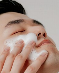 Fototapeta premium Beauty and cleanser Man washing face with a gentle cleanser, focusing on habitual skincare