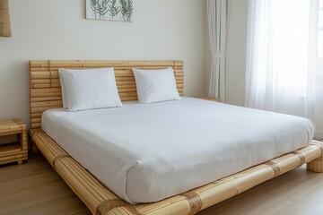 Fototapeta premium Elegant bamboo bed in a bright room, featuring white pillows and a minimalistic design for a serene sleeping environment.