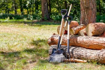 Garden tools and equipment against the background of a green forest and meadow and chopped logs of...