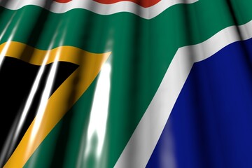 cute celebration flag 3d illustration. - glossy - looks like plastic flag of South Africa with large folds lay diagonal