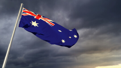 pretty Australia flag on massive dark clouds bg - abstract 3D illustration