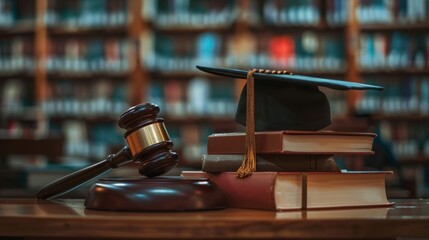 Law education, legal educational study, a school for lawyers, legislation, litigation, judicial knowledge learning concept with court judge gavel and textbook with a mortarboard on books in a library.