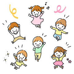 Illustration of male and female children jumping happily