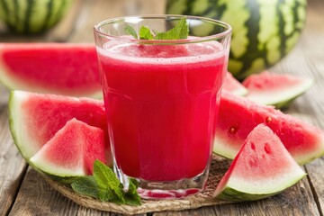 Fresh watermelon juice in glass with mint slices