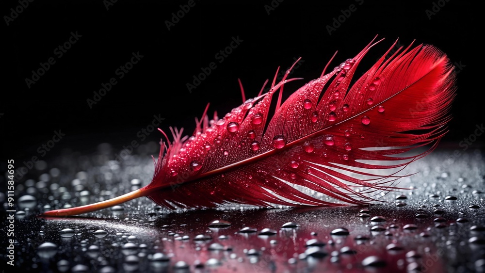Poster a close-up view of a single red feather drenched in rain generative ai