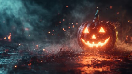 Naklejka premium Glowing jack-o'-lantern in spooky Halloween night