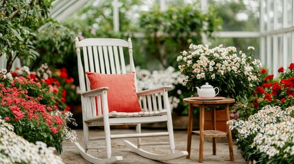 A cozy greenhouse with a wicker chair, a stack of gardening books, and potted plants all around
