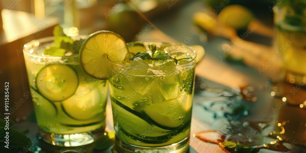 Poster refreshing cucumber lemonade infused with lime and mint