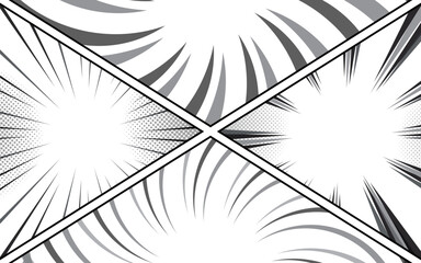 Comic book page background with radial rays and halftone effect. Black and white vector illustration