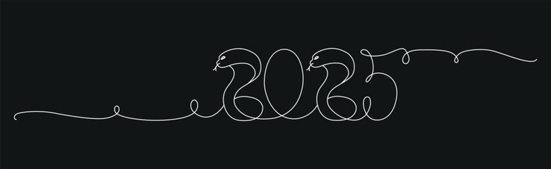Decoration continuous line hand drawing sign for 2025 year calendar, poster. Vector stock illustration minimalism design isolated on black chalkboard background. Editable stroke single line.
