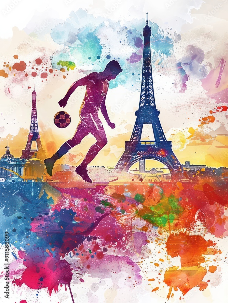 Aufkleber colorful watercolor background with a soccer player in front of the paris skyline with eiffel tower