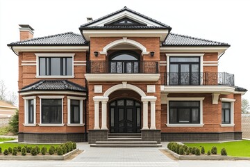Front view of a luxury brickwall house isolated on a white background